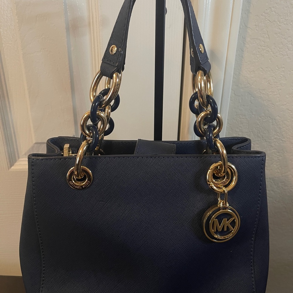 Michael Kors Navy Saffiano Tote with Gold Chain Handles